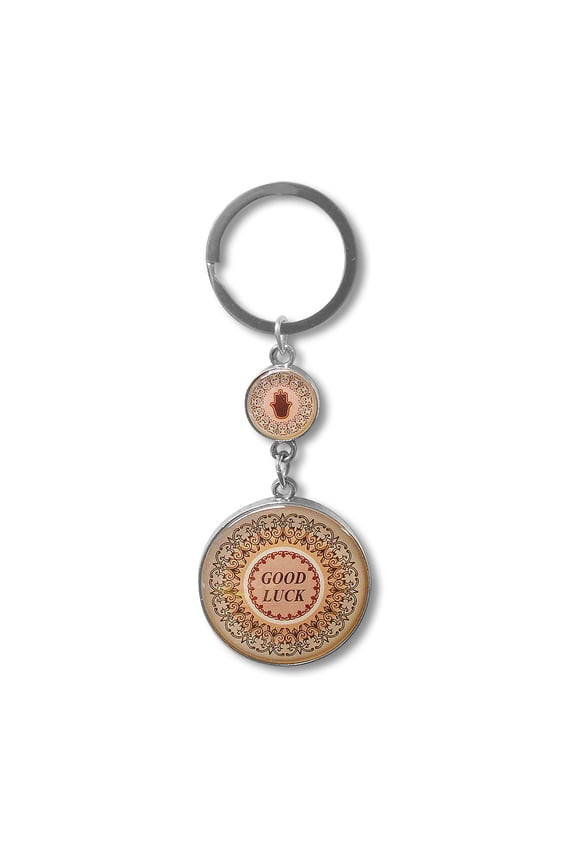Hamsa Good Luck Keychain with Traveler's Prayer, Brown Silver-Tone, 1.5"