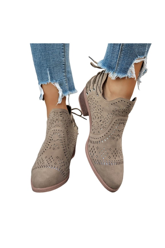 Women's Pointed Toe Slip On Ankle Boots Chunky Low Heel Fashion Back Lace up Hollow Out Casual Dress Shoes Brown Size 8