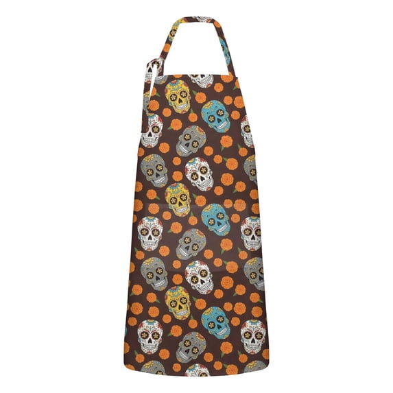 Brown Skull Marigold Pattern Apron-Garden Aprons for Women with Pockets-Cotton Linen Waterproof Kitchen Cooking Gardening Aprons Adjustable for Kitchen,Cooking,BBQ and Salon 33x27 Inch