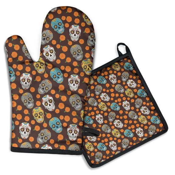 Brown Skull Marigold Pattern Kitchen Oven Mitt and Pot Holder Sets 2 Pcs for Baking, Cooking and Grilling, Heat Resistant Up To 392 °F
