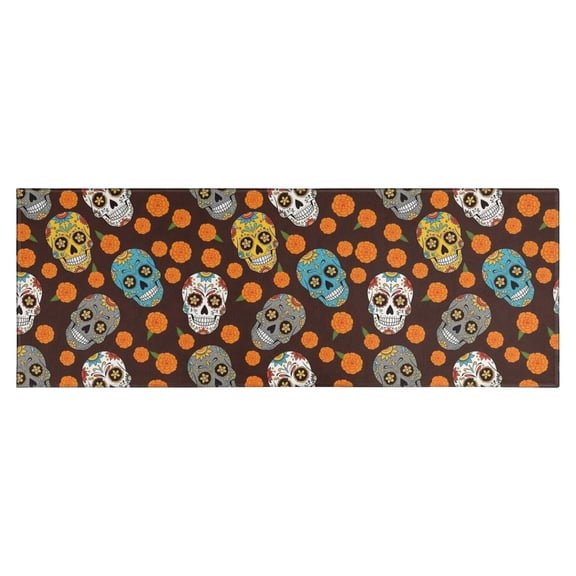 Brown Skull Marigold Pattern Kitchen Rug Mat,Kitchen Runner Rugs Non Skid Washable,Decorative Kitchen Floor Mats for Kitchen,Sink,Laundry,17"X47"