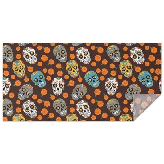 Brown Skull Marigold Pattern Rectangle Tablecloth 60"x120",Waterproof Polyester Rectangle Table Cloth, Wipeable Spillproof Polyester Tablecloth for Dining, Camping, Indoor and Outdoor
