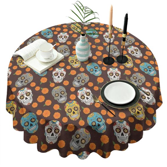 Brown Skull Marigold Pattern Round Tablecloth 60"x60",Wrinkle Wipeable Table Cloth for Kitchen Dining Room Picnic Patio Party