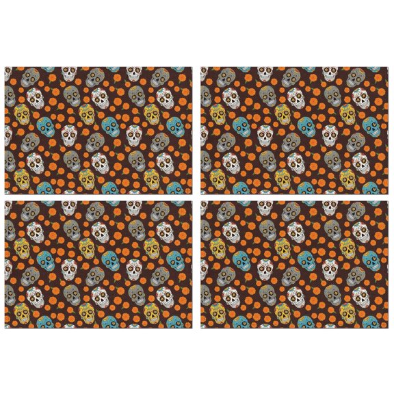 Brown Skull Marigold Pattern Summer Placemats Table Placemats Set Of 4-Linen Kitchen Washable Placemats Table Mats 11.8"x17.7" Non-Slip Heat Resistant