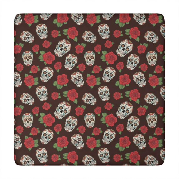 Brown Skull Rose Pattern Square Fitted Tablecloth with Elastic Edge,Square Table Cover,Washable Elastic Table Cover for Home Kitchen Party Decor 34"x34"
