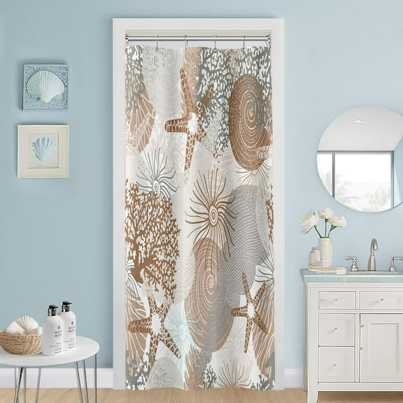 Brown Small Stall Shower Curtain 36 x 72 Inch, Half Narrow Beach Ocean Themed Shower Curtain, Summer Tropical Seashell Starfish Coral Nautical Coastal Shower Curtains for Bathroom Decor