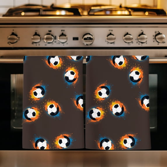 Brown Soccer Kitchen Towels Set of 3, Orange Blue Football Sports Absorbent Dish Towels for Kitchen, Microfiber Hand Towel, Quick Drying Tea Towel for Cleaning Decorative Dishcloths