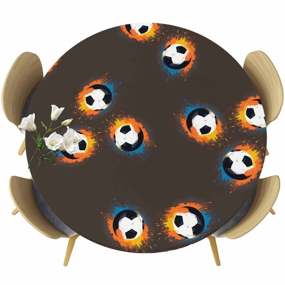 Brown Soccer Round Tablecloth 36-44 Inch Round Fitted Table Cloth with Elastic Edge, Orange Blue Football Sports Waterproof Table Cover Protector for Outdoor Picnic Party Dining