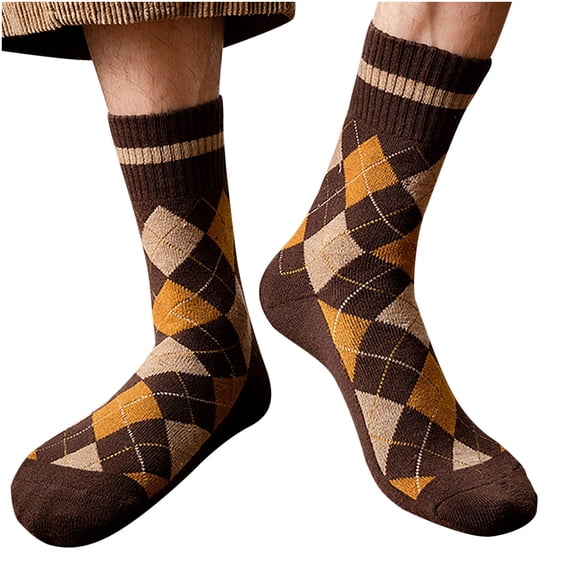 Brown Socks Winter Men Socks Diamond Lattice Terry Middle Tube Stocking