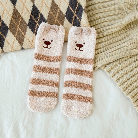 Brown Socks Winter Women Coral Fleece Socks Middle Tube Cute Home Stocking