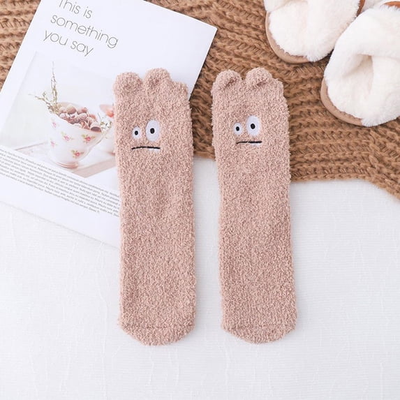 Brown Socks for Women Big Eyed Coral Fleece Socks Female Sleeping Home Floor Socks on Sale Clearance