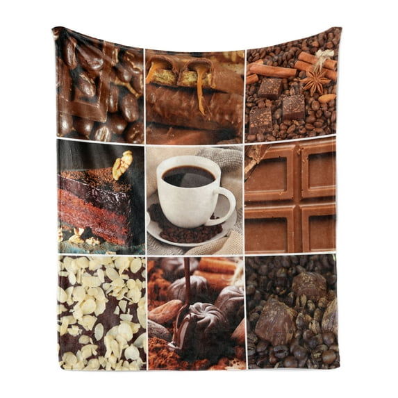 Brown Soft Flannel Fleece Blanket, Coffee and Chocolate Tasty Collage Beans Mugs Snacks Pastries Espresso Cocoa Composition, Cozy Plush for Indoor and Outdoor Use, 50" x 60", Brown, by Ambesonne