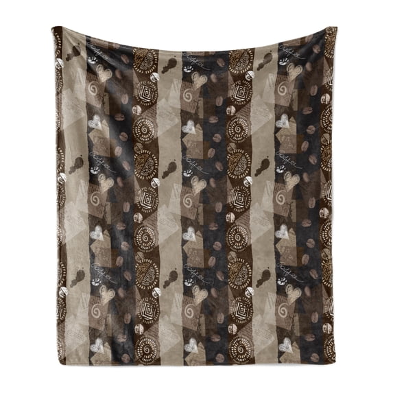 Brown Soft Flannel Fleece Throw Blanket, Coffee Typography Hearts and Beans on Abstract Striped Grungy Backdrop in Brown Tones, Cozy Plush for Indoor and Outdoor Use, 50" x 70", Brown, by Ambesonne