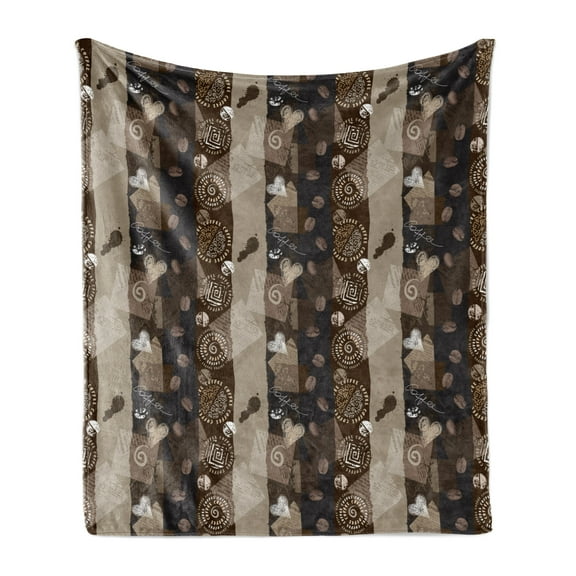 Brown Soft Flannel Fleece Throw Blanket, Coffee Typography Hearts and Beans on Abstract Striped Grungy Backdrop in Brown Tones, Cozy Plush for Indoor and Outdoor Use, 60" x 80", Brown, by Ambesonne