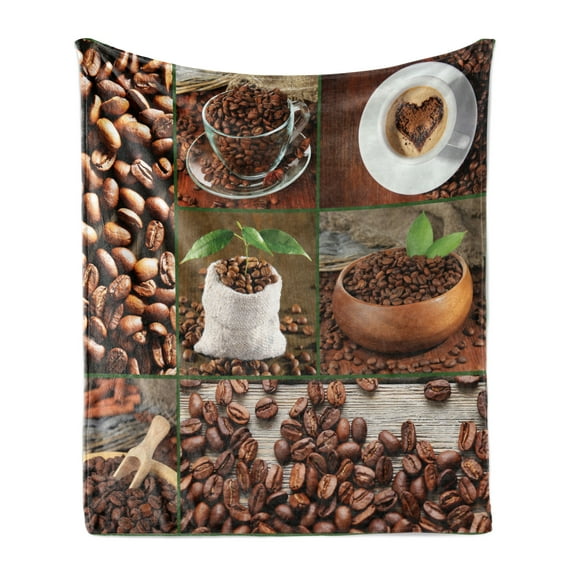 Brown Soft Flannel Fleece Throw Blanket, Collage of Coffee Beans in Cups and Bags with Green Leaves on Wooden Table Photo, Cozy Plush for Indoor and Outdoor Use, 60" x 80", Brown Green, by Ambesonne