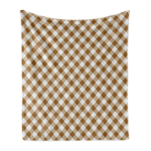 Brown Soft Flannel Fleece Throw Blanket, Texture of Tartan Cloth Pattern Geometric Design Education Themed Artwork Print, Cozy Plush for Indoor and Outdoor Use, 50" x 70", Caramel White, by Ambesonne