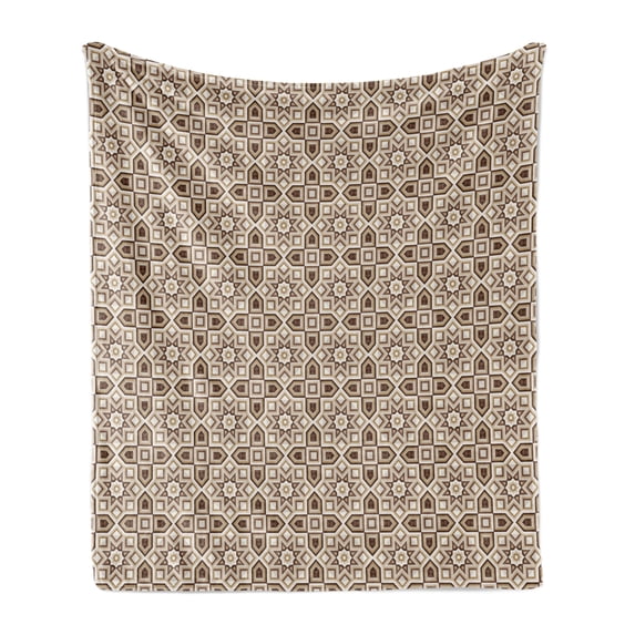 Brown Soft Flannel Fleece Throw Blanket, Tile Pattern with Squares Rhombuses and Stars Geometric Mosaic Design, Cozy Plush for Indoor and Outdoor Use, 60" x 80", Pale Brown Off White, by Ambesonne