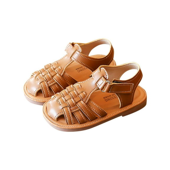 Brown Soft Soled Girls' Hollow Woven Sandals With Toe Caps, Great For Casual Beach Play And Breathable Design