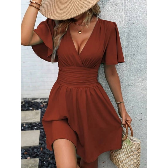 Brown Solid Cross Wrap Short Sleeve Ruffle Waist Pleated Mini Dress