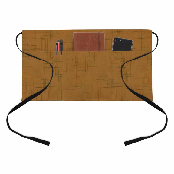 Brown Solid Fabric Kitchen Restaurant Half Waist Apron, Rustic Minimalist Linen Texture Server Short Apron with 3 Pockets Waterproof Oil Waist Aprons for Women Waitress Waiter