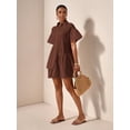 thumbnail image 1 of Brown Solid Front Button Ruffle Hem Short Sleeve Shirt Dress For Women, 1 of 7