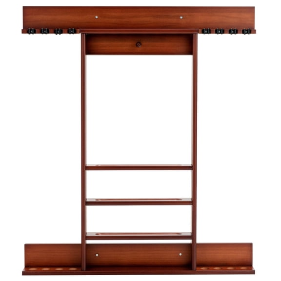 Brown Solid Pine Wood Wall Mounted Billiard Cue Rack Holds 8 Pool Cues & 16 Balls Multi Storage Compartment Pool Accessory Organizer for Game Room Bar Club