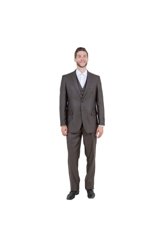 Brown Solid Shiny Sharkskin 3-PC Regular Modern Fit Suits