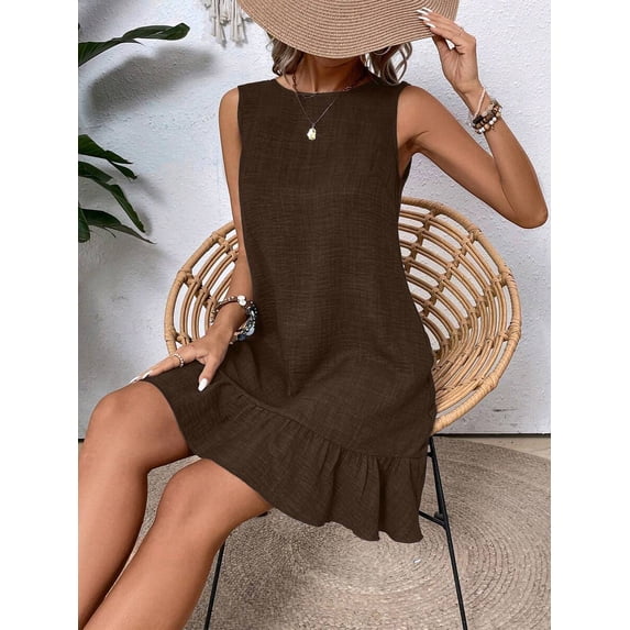 Brown Solid Sleeveless A-Line Dress With Ruffle Hem For Casual Beach Or Daily Wear