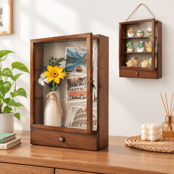 Brown Solid Wood 12 x 16 Inch Deep 3 Inch Shadow Box with Drawer and Removable Shelves