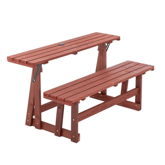 Brown Solid Wood 2-in-1 Convertible Bench Picnic Table - 55.50 in L x 30.00 in W x 37.40 in H for Backyard Patio Garden