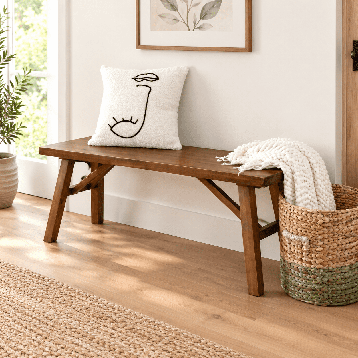 Brown Solid Wood Bench, 43 Inch Farmhouse Style Seating For Entryway ...