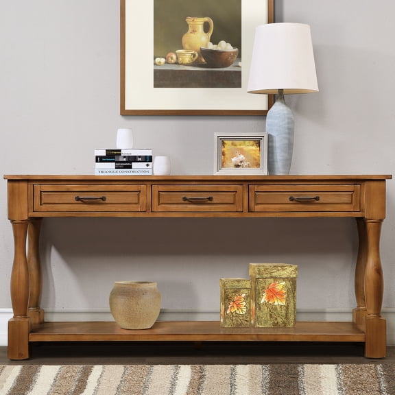 Brown Solid Wood Console Table with 3 Drawers and Shelf for Living Area Quick Setup