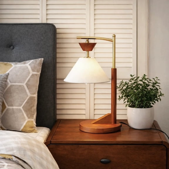 Brown Solid Wood Desk Lamp with Elegant Cone Linen Shade, Eye Protection LED Reading Light for Bedroom Living Room Study, 110V