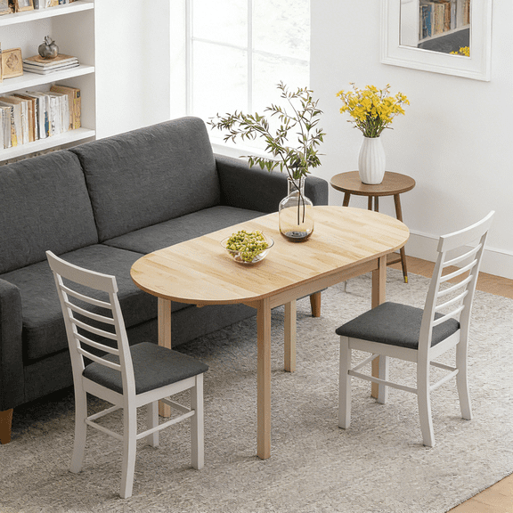 Brown Solid Wood Drop Leaf Folding Dining Table | Expandable Round Kitchen Table for Small Spaces, Home, Apartment, Office