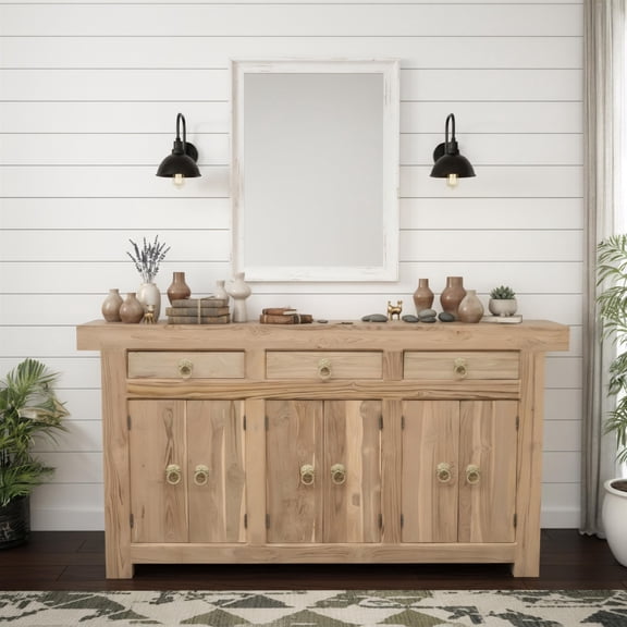 Brown Solid Wood Teak Sideboard with Brass Ring Pulls 3 Drawers and 6 Doors