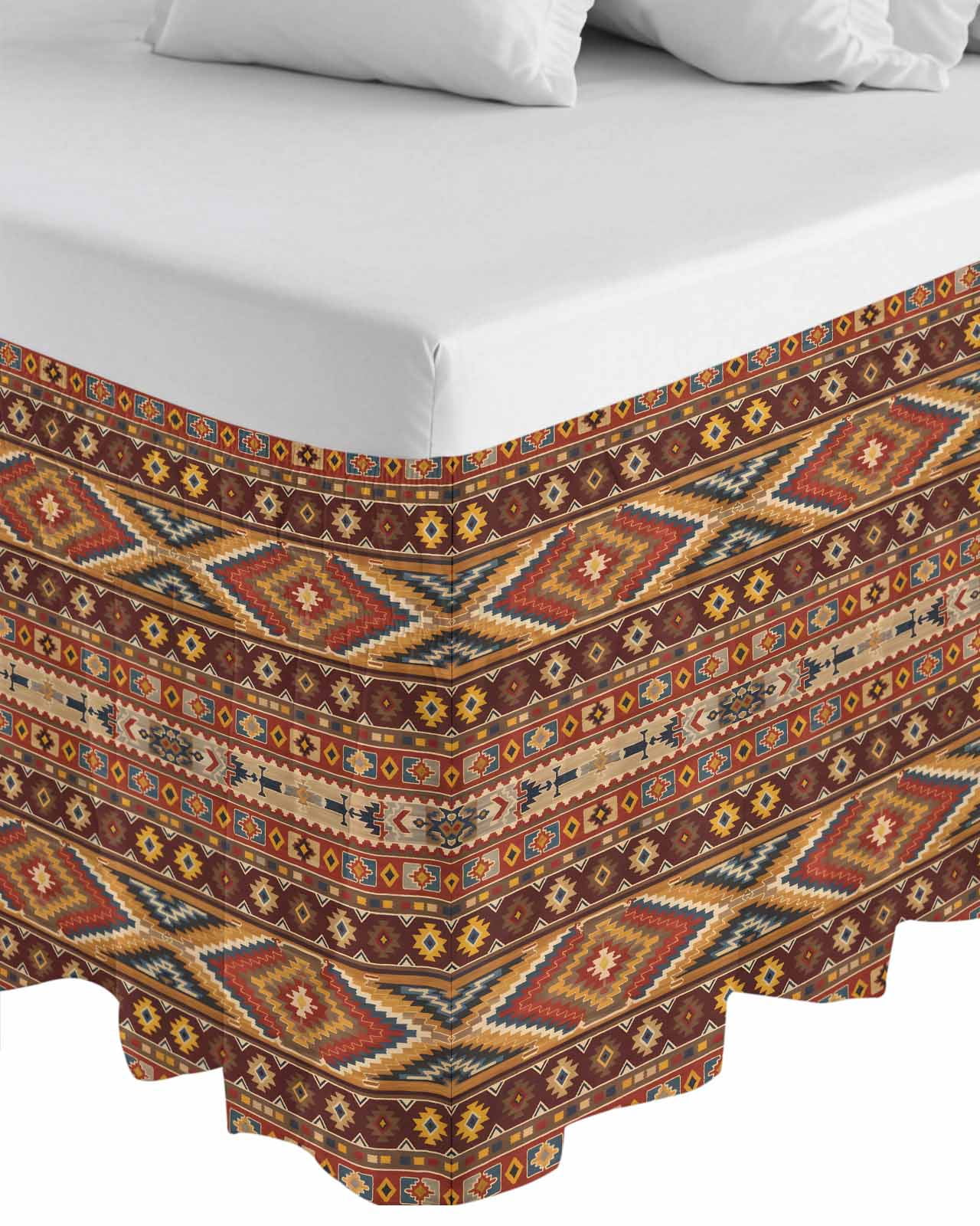 Brown Southwest Aztec Wrap Around Bed Skirts for Queen Bed 18" Drop,Bed Skirt with Adjustable Elastic Belt Dust Ruffle Bed Valance for Bedroom Hotel Luxury Farmhouse Vintage Geometric Bed Frame Cover