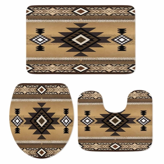 Brown Southwest Bath Mat 3 Piece Bathroom Rug Set, Boho Aztec Ethnic Abstract Geometric Non Slip Bath Rug Contour Mat and Toilet Lid Cover, Absorbent Shower Mats Soft Bath Rugs and Mats Sets