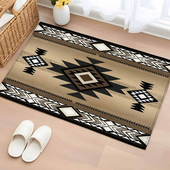 Brown Southwest Bathroom Rug Washable 2x3 Entryway Rug Non Slip Farmhouse Boho Aztec Geometric Neutral Front Door Mat Low Pile Indoor Doormat Throw Floor Carpet for Kitchen Bedroom Entrance