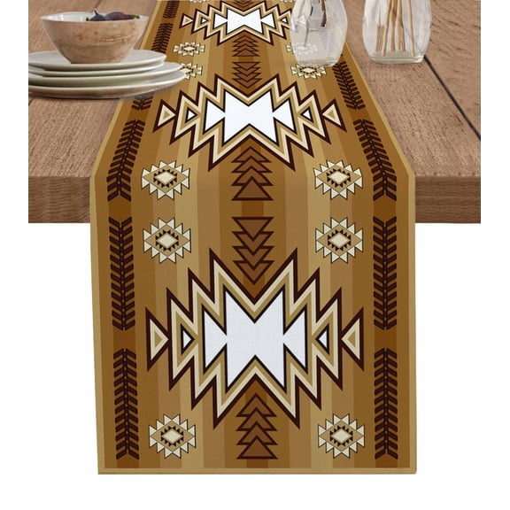 Brown Southwest Burlap Cotton Table Runner 13x36 Inches Short, Western Rustic Ethnic Mexican Aztec Farmhouse Table Runners, Outdoor Dining Tablecloths Decor for Baby Shower/Party/Wedding