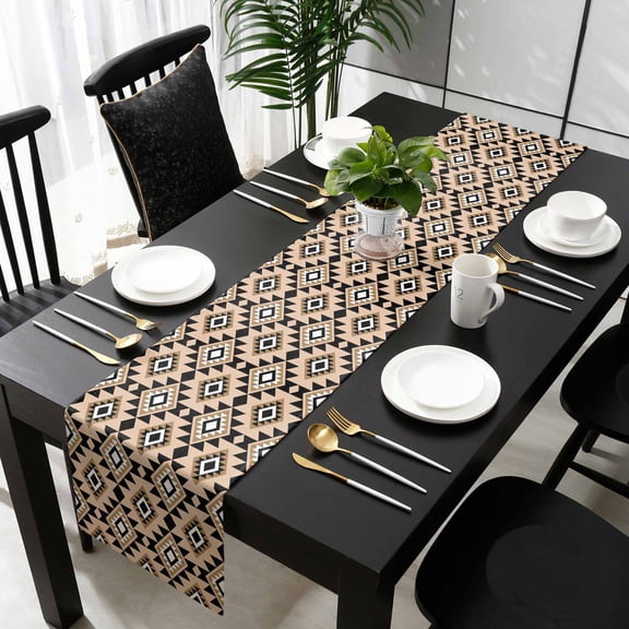 Brown Southwest Cotton Linen Long Table Runner 13 x 108 inch Boho Aztec Abstract Geometric Art Non-slip Rectangular Dining Table Decor for Wedding Party Holiday Dinner