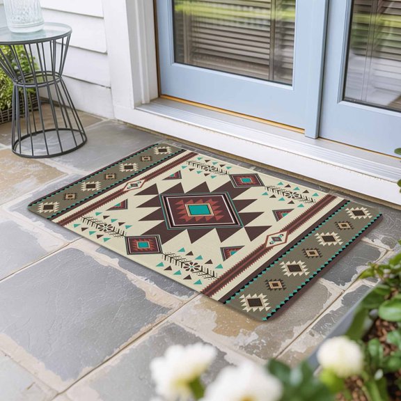 Brown Southwest Door Mat Indoor Outdoor, Ethnic Boho Tribal Vintage Geometric Non Slip Welcome Mat with Rubber Backing, Absorbent Fabric Front Door Mats Entryway Rug for Home Patio Entrance 16"x24"