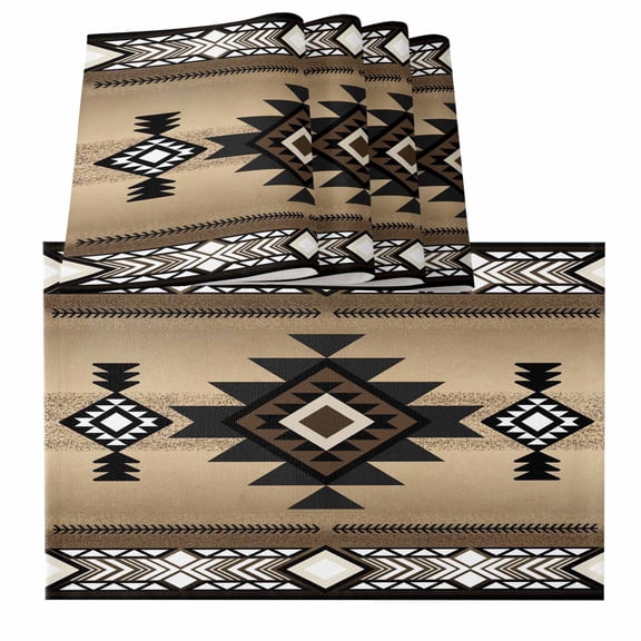 Brown Southwest Farmhouse Boho Aztec Geometric Neutral Burlap Kitchen Place Mats Waterproof Cloth Table Mats, Indoor Outdoor Placemats Easy Clean Dinner Decor