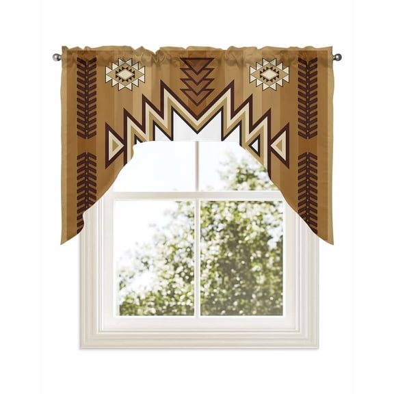 Brown Southwest Kitchen Curtains Swag Valance for Windows/Bathroom/Cafe, Western Rustic Ethnic Mexican Aztec Rod Pocket Drape Panel Swag Curtains Valance for Bedroom/Living Room 56"x36"