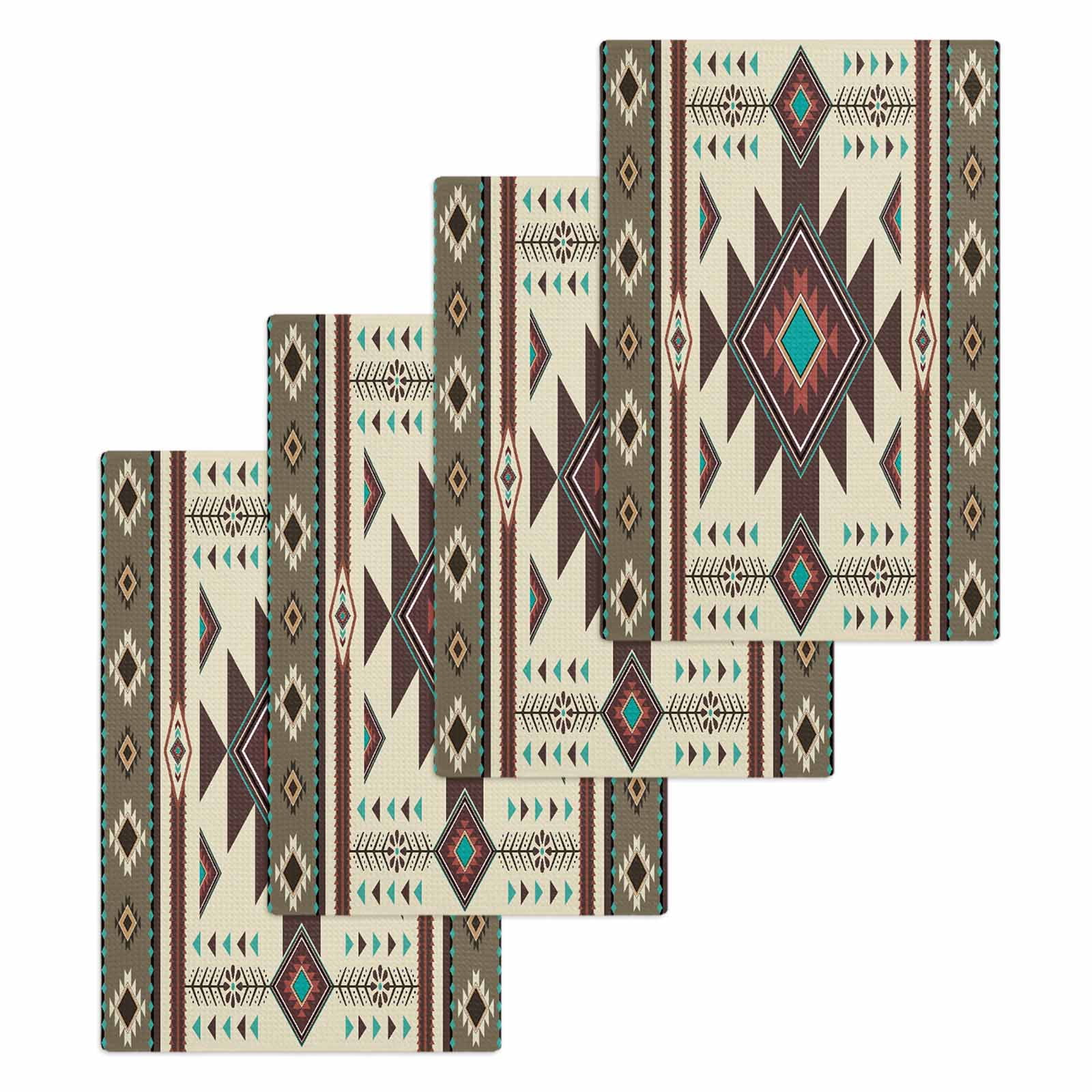 Brown Southwest Kitchen Dish Towels for Drying Dishes Set of 4, Ethnic Boho Tribal Vintage Geometric Waffle Weave Microfiber Hand Tea Bathroom Towels Quick Dry & Absorbent Towel 15.7x23.6