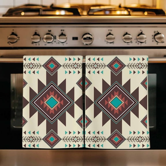 Brown Southwest Kitchen Towels Set of 1, Ethnic Boho Tribal Vintage Geometric Absorbent Dish Towels for Kitchen, Microfiber Hand Towel, Quick Drying Tea Towel for Cleaning Decorative Dishcloths