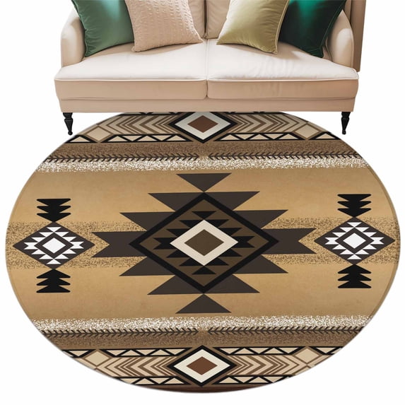 Brown Southwest Large Area Rugs for Bedroom Living Room, Soft Non Slip Carpet Bedside Rug, Boho Aztec Ethnic Abstract Geometric Round Floor Cover Kitchen Accent Rug 8' for Dining Room/Office