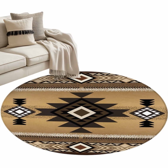 Brown Southwest Large Area Rugs for Bedroom Living Room, Soft Non Slip Carpet Bedside Rug, Boho Aztec Ethnic Abstract Geometric Round Floor Cover Kitchen Accent Rug 4' for Dining Room/Office