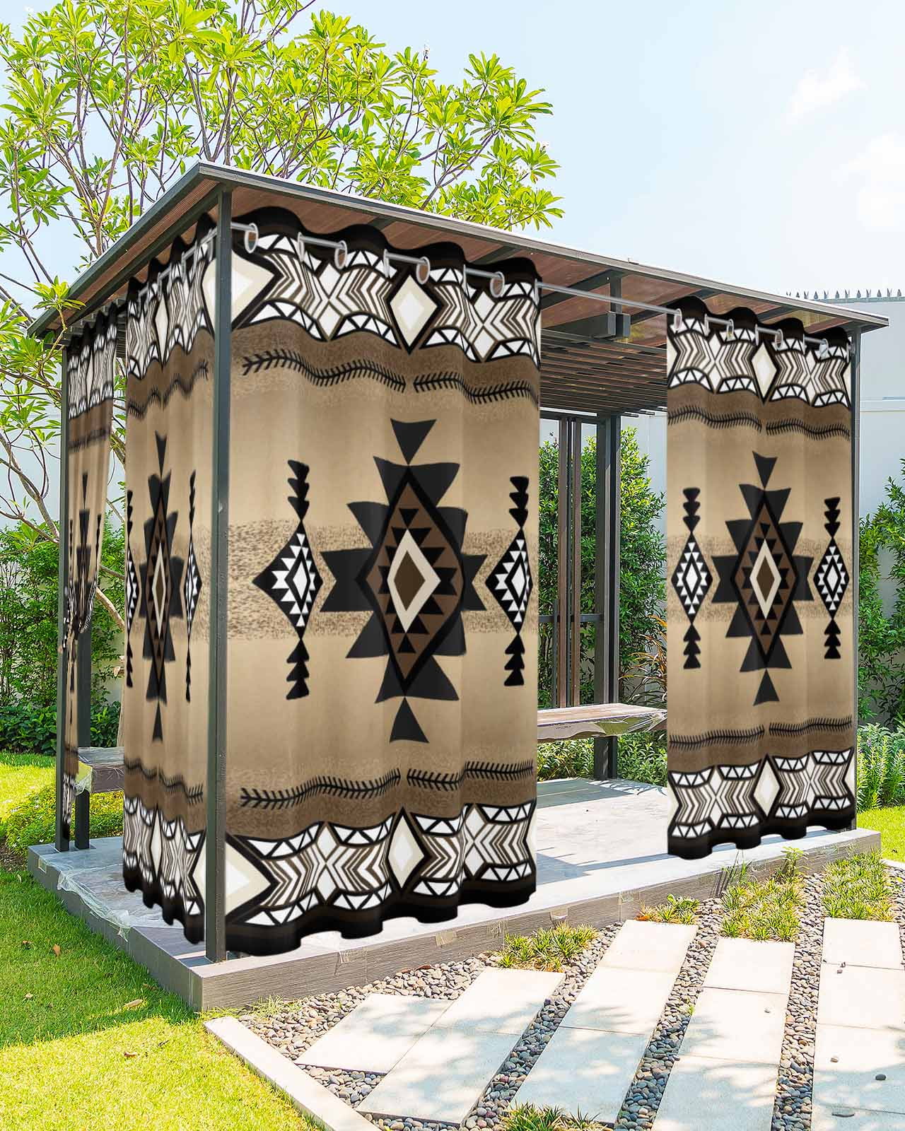 Brown Southwest Outdoor Curtains for Patio, Farmhouse Boho Aztec Geometric Neutral Privacy Drapes Grommet Waterproof Outside Curtains for Porch/Cabana/Balcony 54"x 108", 1 Panel