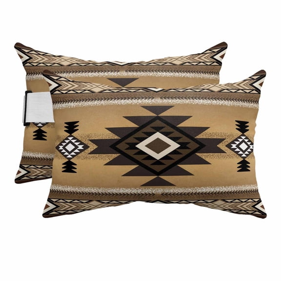 Brown Southwest Outdoor Pillows for Chaise Lounge Chair Beach Headrest Pillow Set of 2 Waterproof Lumbar Pillows with Insert&Strap Boho Aztec Ethnic Abstract Geometric Pillow for Patio Pool 12"x20"