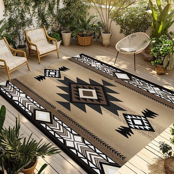 Brown Southwest Outdoor Rug 3x5 Ft - Reversible Patio Rug Outdoor Camping Rugs, Farmhouse Boho Aztec Geometric Neutral Washable Indoor Outdoor Area Rugs, Non-Slip Outdoor Carpet Runner for Deck/Porch